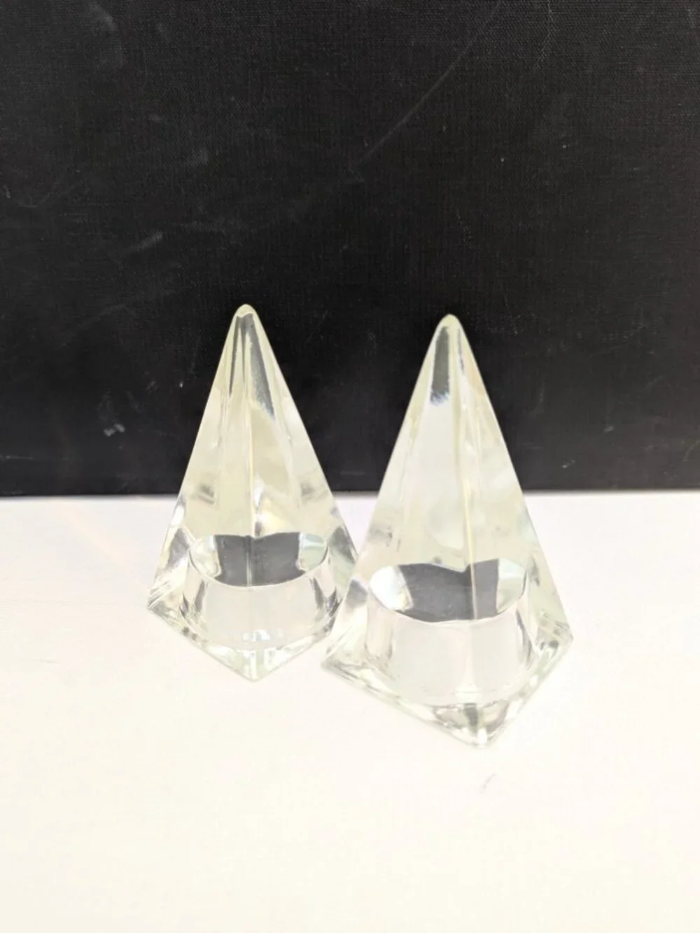 Vintage Clear Glass Pyramid Paperweight Decor Set of 2